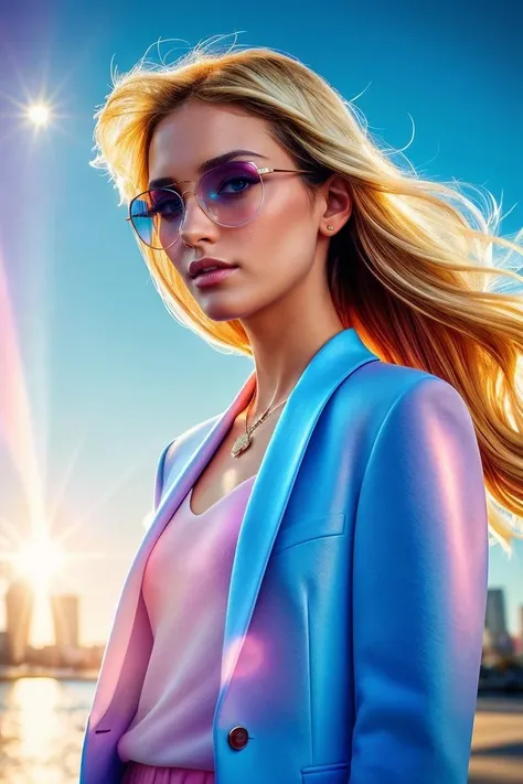 photo RAW,((close-up low-angle) European character design,vogue, prada, versace, Half Frame Sunglasses, glamourous, fashion world, editorial, fashion, magazine shoot, fluff, dreamy glow, extraterrestrial, fantastic realism, kitsch outfit, sunrays, pastel,c...