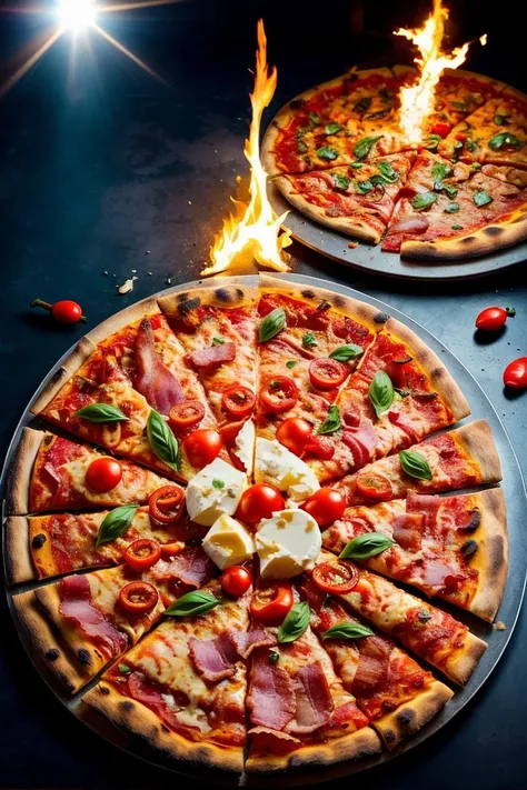 photo RAW,(top view,pizza,explosive splashes of fire,grilled, falling apart, oozing,bacon, mozzarella, basil, bell pepper,), masterpiece, award winning photography, natural light, perfect composition, high detail, hyper realistic,lens flare,Timeless Elegan...