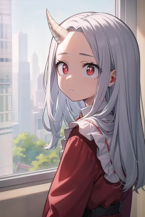 academiaeri, <lora:eri-lora-nochekaiser:1>, 
eri, long hair, (red eyes:1.5), grey hair, horns, child, single horn, female child,
BREAK shirt, long sleeves, dress, white shirt, collared shirt, red dress, pleated dress,
BREAK looking at viewer,
BREAK indoors...