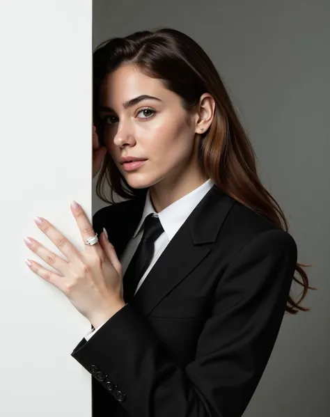 a woman with long, flowing hair and sparkling green eyes gazes out from behind a white canvas. she wears a tailored suit and tie...