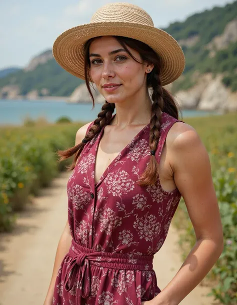 a charismatic woman,twintails hair,burgundy,dressed in a breezy linen jumpsuit with a wide-brimmed straw hat and espadrilles,bak...