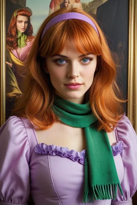 score_9, score_8_up, score_8_up, raw, realistic, photo, portrait, expressiveh, 1girl,  daphne blake,  lilac blouse,  ginger hair...