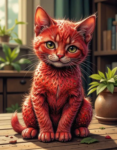 <lora:Comic book V2:1> Comic book style,detailed realistic close up of a strawberry shaped like a kitten,sitting,natural light