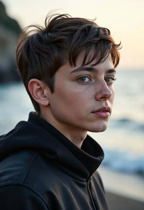 1boy,short hair,standing by the sea,looking away,distant view,close-up,eye-level,soft light   ,powerful artistic vision of . bre...