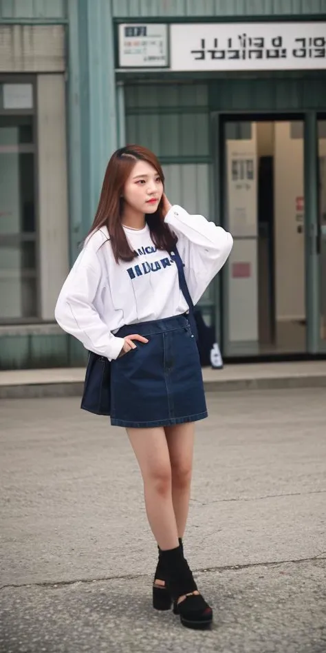 a woman in a white shirt and blue skirt standing in front of a building