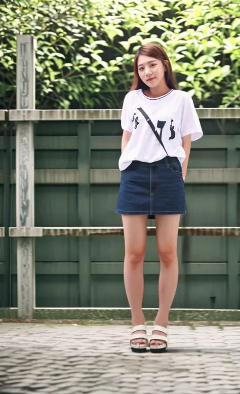 araffe wearing a white shirt and blue skirt standing on a brick sidewalk