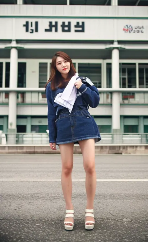 a woman in a blue dress and white shirt standing in front of a building