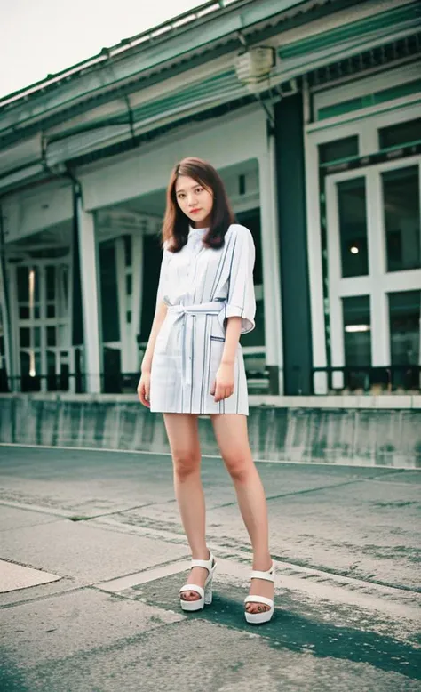 a woman standing on a sidewalk in a white dress