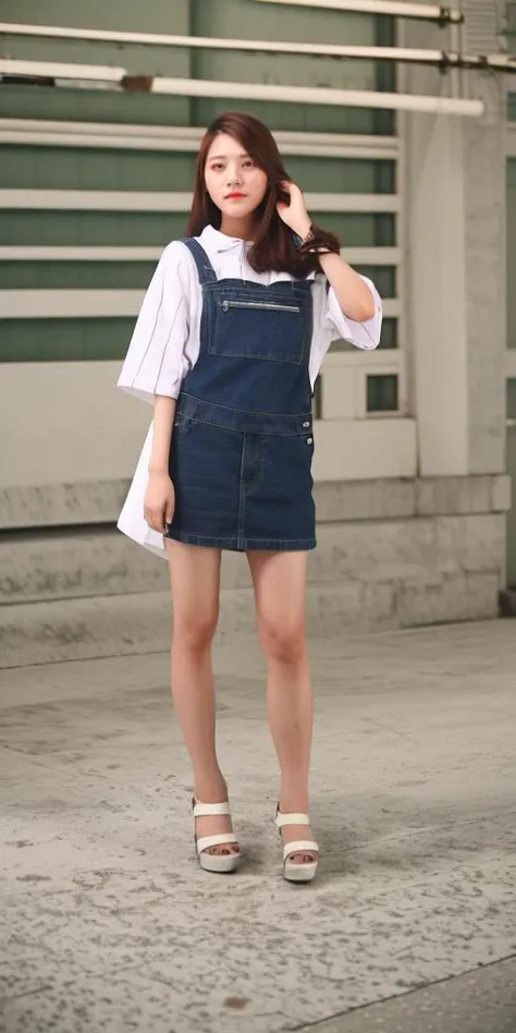 a woman in a blue dress and white shirt is standing on a sidewalk