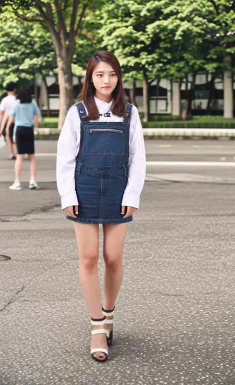 a woman in a denim dress and white shirt standing on a street