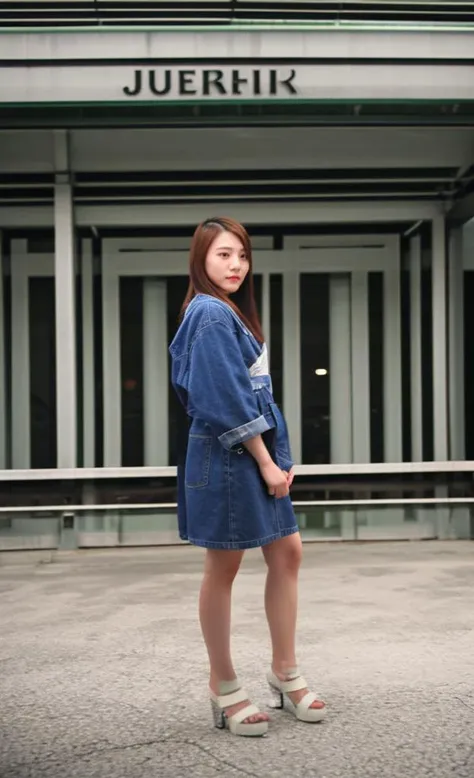 arafed woman in a denim dress standing in front of a building