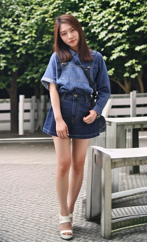 a woman in a denim shirt and denim shorts stands near a bench