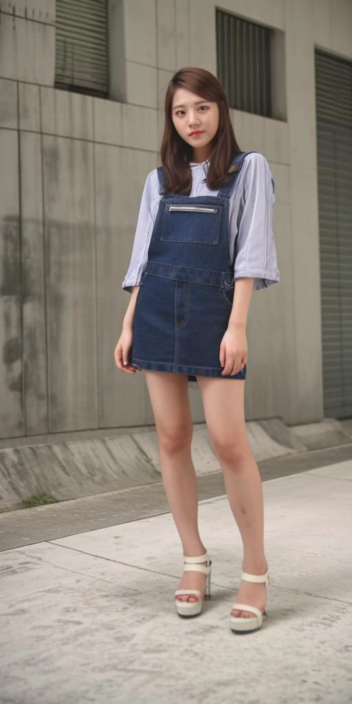 a woman in a blue dress and white shirt standing on a sidewalk