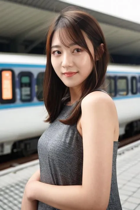 araffe asian woman standing in front of a train at a station