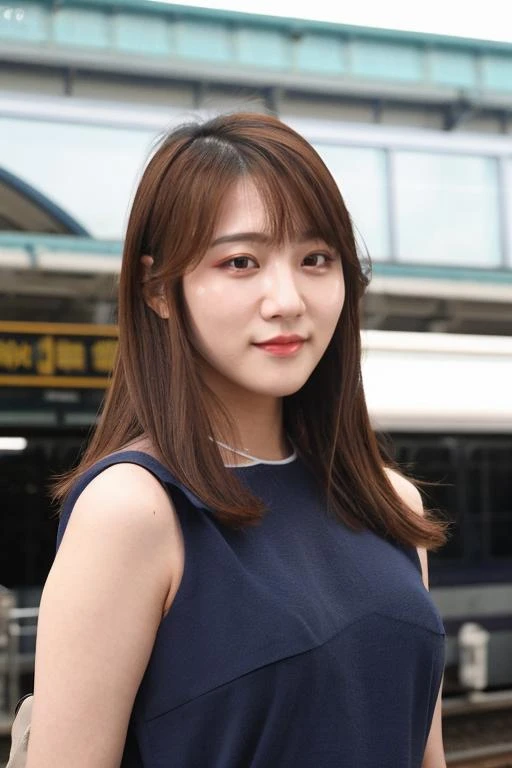 a close up of a woman standing in front of a train