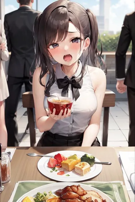 anime girl with a plate of food and a drink in front of her