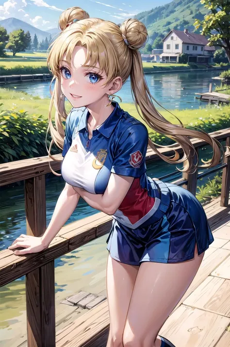 (masterpiece, best quality, detailed), 1girl, solo, looking at viewer, EPsmSailorMoon, blonde hair, blue eyes, long hair, very long hair, twintails, hair bun, double bun, crescent earrings, earrings, jewelry, parted bangs,
<lora:Soccer Uniform By Stable Yo...