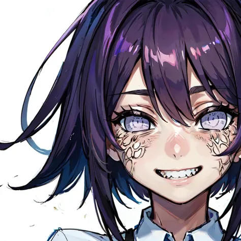 anime girl with purple hair and blue eyes with a tattoo on her face