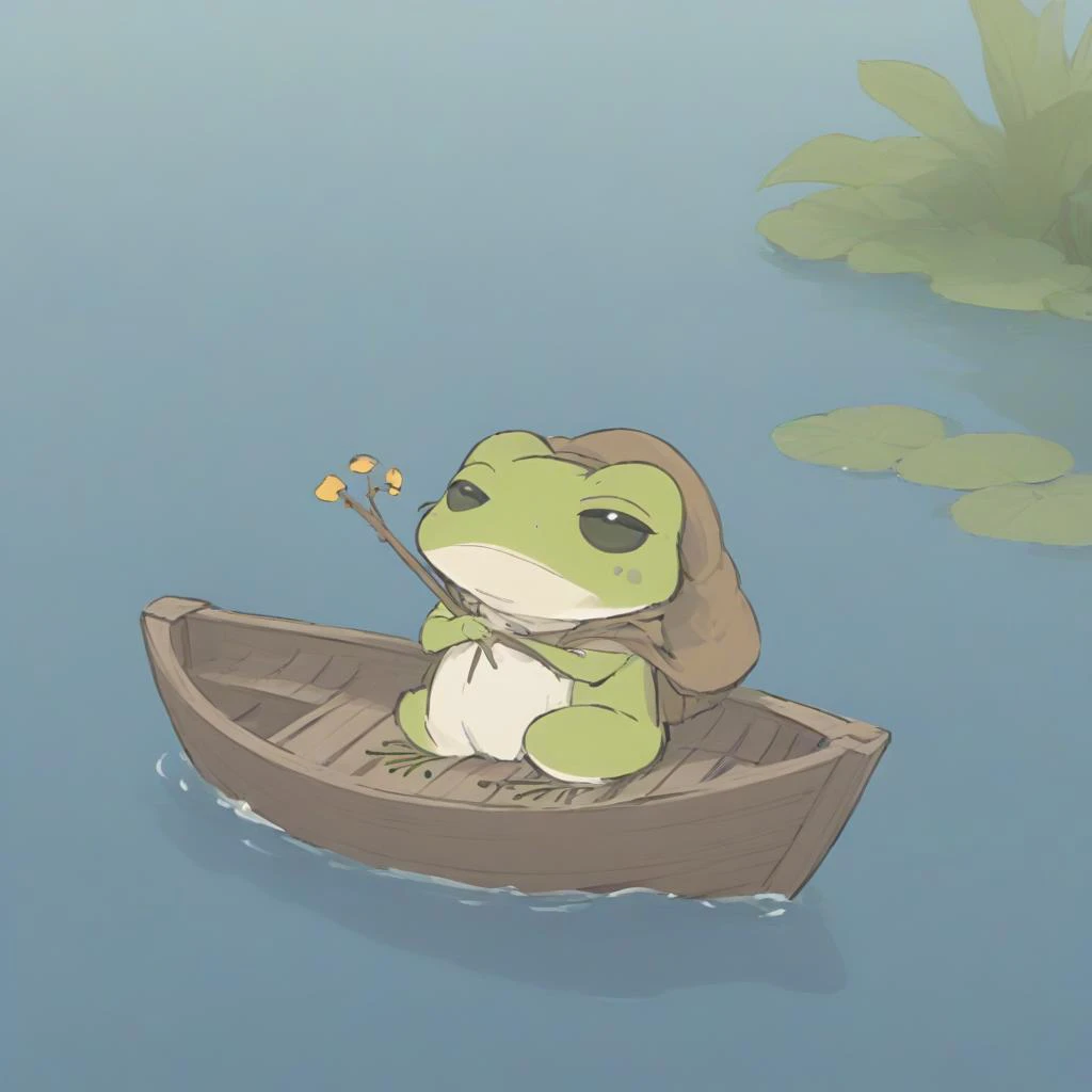 a frog is traveling on a boat,
tabikaeru,<lora:sdxl_lora_tabikaeru:1>,