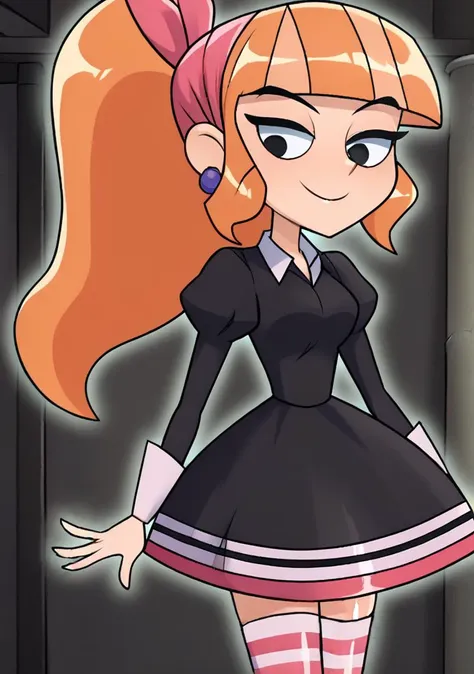 a cartoon girl in a black dress and pink hair