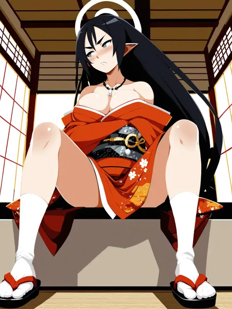 score_9,1girl,solo,blush,from below,nervous,black hair,very long hair,half-closed eyes,grey eyes,serious,pointy ears,large breasts,white halo,looking to the side,kimono,undressing,arms_crossed,necklace,white kneehighs,dojo,feet,sitting,legs spread legs,san...