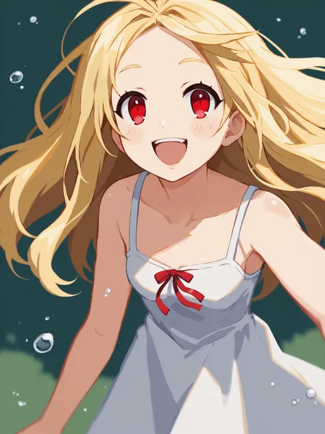 anime girl with red eyes and blonde hair in a white dress