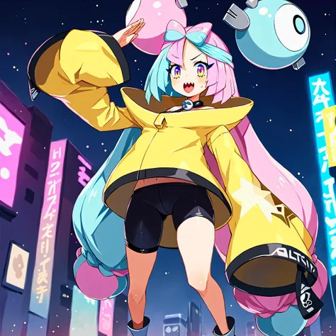 score_9, score_8_up, score_7_up, score_6_up, score_5_up, score_4_up, source_anime, 1girl, solo, iono (pokemon), pink hair, long hair, sweatter, bike shorts, boots, long sleeves, detached sleeves, salute, outdoors, night, neon lights, city <lora:DisgaeaXL:0...