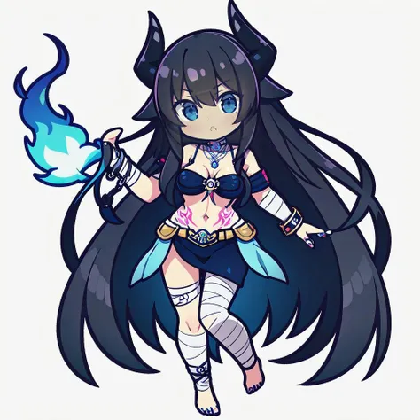 1girl, solo, chain, bandages, long hair, skull, barefoot, navel, fire, jewelry, tattoo, black hair, fingernails, simple background, horns, white background, blue fire, toenails, midriff, full body, long fingernails, nail polish, sharp fingernails, very lon...