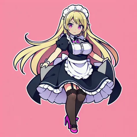 1girl, solo, long hair, weapon, maid, thighhighs, breasts, high heels, gun, maid headdress, pink eyes, large breasts, very long hair, white thighhighs, frills, pink background, blonde hair, apron, gatling gun, shoes, full body, garter straps, lips, pink fo...