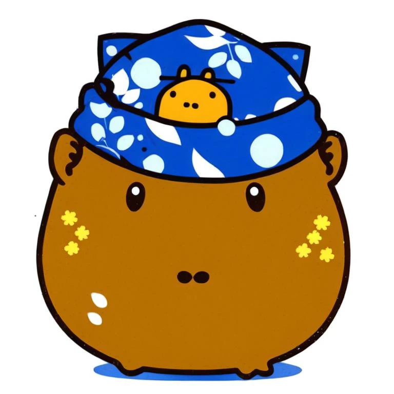 a close up of a bear wearing a blue hat with a flower on it