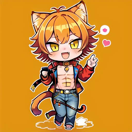 full body, 1boy, tabby catboy, tail, fang, happy, love, spoken heart, hearts, love you, v sign, chibi, fblectbyVT, skinny jeans open, crimson jacket, exposed chest, leash, collar, <lora:FableLora:1>