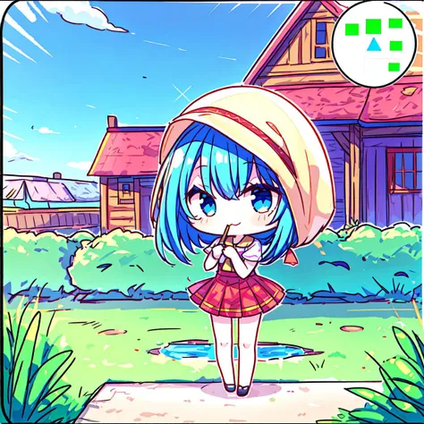 a cartoon girl in a dress and hat standing in front of a house