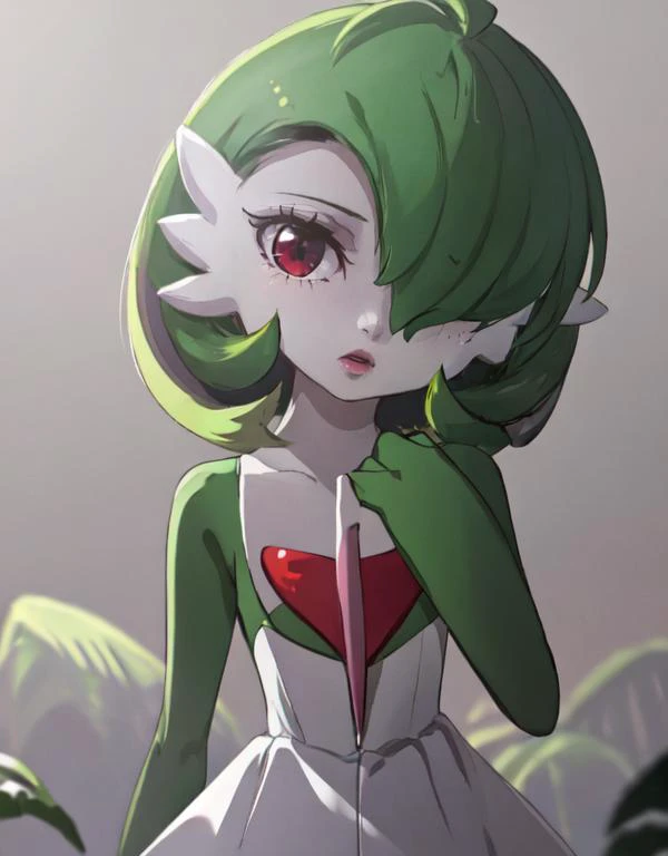 <lora:gardevoir_v2:1>, gardevoir, white dress, creatures (company), game freak, nintendo, pokemon, pokemon (game), bangs, colored skin, female focus, flat chest, gen 3 pokemon, green hair, green skin, hair over one eye, multicolored skin, pokemon (creature...