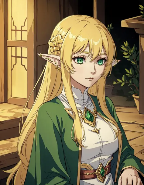 A mystical elf with long, straight golden hair and piercing emerald eyes. Her ears are pointed, a signature of her race, and she wears an expression of calm wisdom