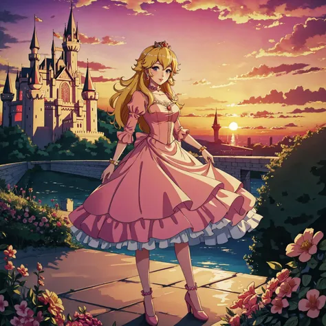 (4k, masterpiece, best_quality, highres:1) , a full body portrait of princess peach outside her castle during sunset