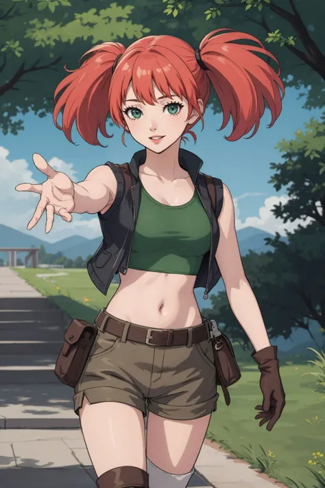 (masterpiece, best quality:1.2),illustration,medium breasts,8k,hd,1girl,solo,upper body,(portrait:1.2),twintails,brown shorts,midriff,navel,crop top,smile,belt,short shorts,tank top,green eyes,pink hair,vest,gloves,green shirt,knee pads,pouch,boots,brown f...