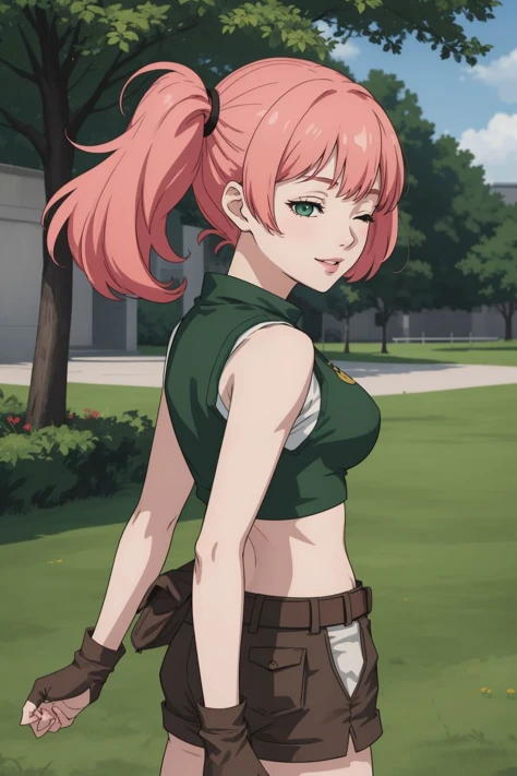 (masterpiece, best quality:1.2),illustration,medium breasts,8k,hd,1girl,solo,upper body,(portrait:1.2),twintails,brown shorts,midriff,navel,crop top,smile,belt,short shorts,tank top,green eyes,pink hair,vest,gloves,green shirt,knee pads,pouch,boots,brown f...