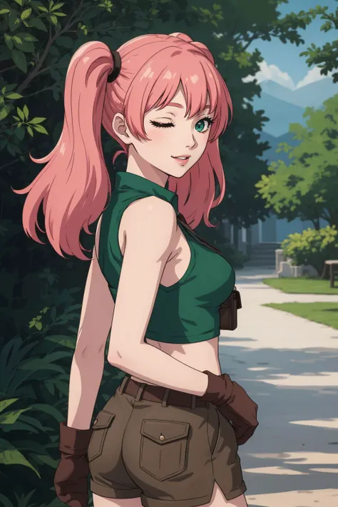 (masterpiece, best quality:1.2),illustration,medium breasts,8k,hd,1girl,solo,upper body,(portrait:1.2),twintails,brown shorts,midriff,navel,crop top,smile,belt,short shorts,tank top,green eyes,pink hair,vest,gloves,green shirt,knee pads,pouch,boots,brown f...