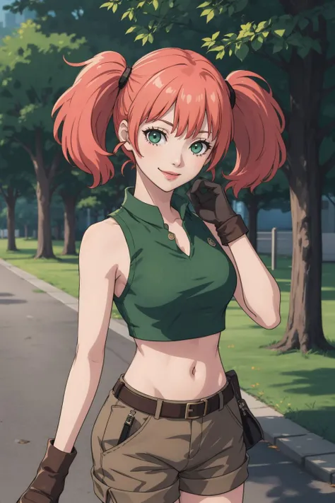 (masterpiece, best quality:1.2),illustration,medium breasts,8k,hd,1girl,solo,upper body,(portrait:1.2),twintails,brown shorts,midriff,navel,crop top,smile,belt,short shorts,tank top,green eyes,pink hair,vest,gloves,green shirt,knee pads,pouch,boots,brown f...