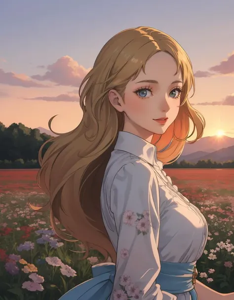 A woman in a vintage-inspired floral dress, her hair styled in loose waves, with a confident and radiant expression, open field, flower field, bloom, sunset, closed mouth, happy, blonde hair, 
masterpiece, best quality, intricate detail,     tahl1ahall