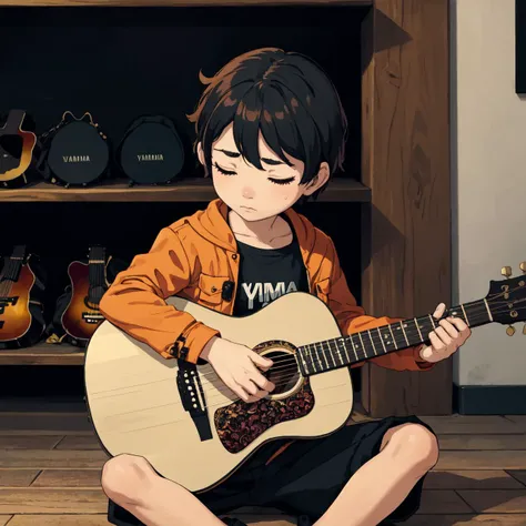 masterpiece, best quality, highres, intricate detail, bokeh, 1boy, skinny, male child, orange open jacket, solo focus, messy hair, black hair, eyelashes, black eyes, v-shaped eyebrows, inside music shop,  full body, playing acoustic guitar, looking down, f...