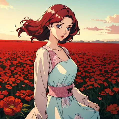 A woman in a vintage-inspired floral dress, her hair styled in loose waves, with a confident and radiant expression, open field, flower field, bloom, 
masterpiece, best quality, leaning to the side,