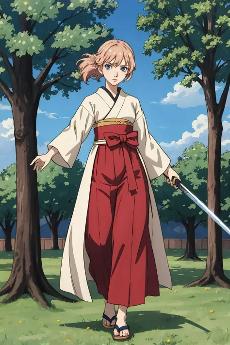 (best quality, masterpiece), 1girl,  samurai, full body,  furrowed brow, anime screencap, looking at viewer,  anime, 2d, outline, motion lines, outdoors, wind, standing,  floating hair,  dappled sunlight, holding sword, sheath,