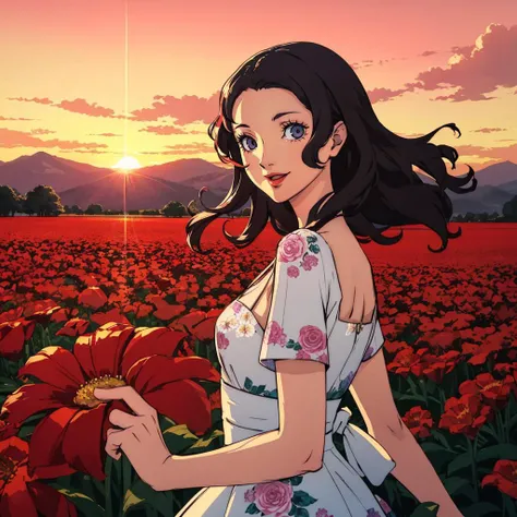 A woman in a vintage-inspired floral dress, her hair styled in loose waves, with a confident and radiant expression, open field, flower field, bloom, sunset, smile, 
masterpiece, best quality, leaning to the side,