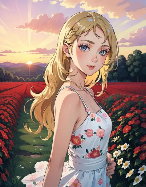 A woman in a vintage-inspired floral dress, her hair styled in loose waves, with a confident and radiant expression, open field, flower field, bloom, sunset, closed mouth, happy, blonde hair, 
masterpiece, best quality, intricate detail,     tahl1ahall