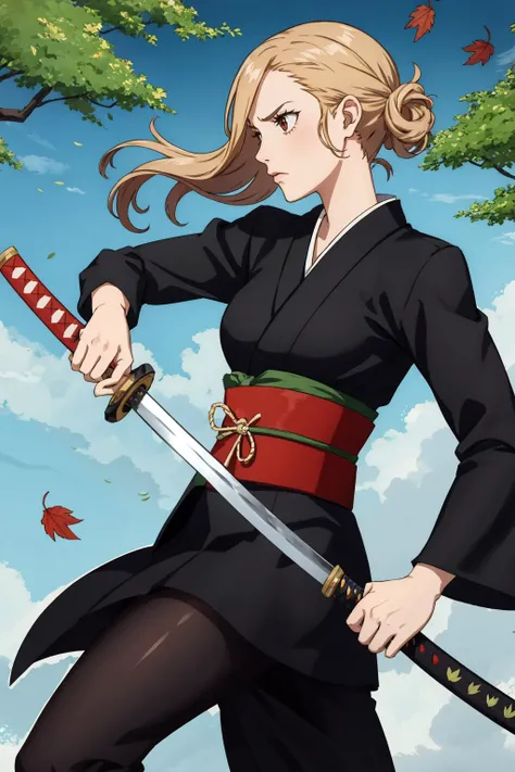 (best quality, masterpiece), 1girl, katana, unsheathing, scabbard,    samurai, full body, serious, furrowed brow, anime screencap, anime, 2d, outline, motion lines, outdoors, falling leaves, wind, standing,  floating hair, from side,