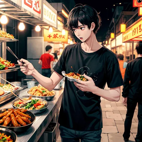 masterpiece, best quality, highres, intricate detail, bokeh, 1boy, (skinny:1.4), adult male, messy hair, medium hair, black hair,  (veins:0.85), black shirt, loose shirt, untucked shirt, ordering food, street food, 
 <lora:add_detail:0.75>