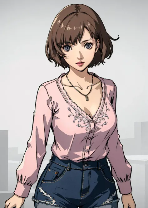 1girl, collarbone, short hair, looking at viewer, blurry foreground,  necklace, contemporary, plain pants, ((intricate, print, pattern)), partially unbuttoned, light brown hair, grey eyes, denim shorts, thick lips, pink lips, ((curvy)), mature female, 
mas...