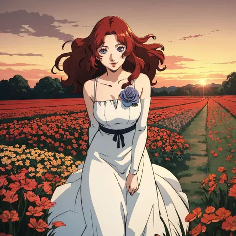 A woman in a vintage-inspired floral dress, her hair styled in loose waves, with a confident and radiant expression, open field, flower field, bloom, sunset, smile,  (((curvy))), ((mature female)), curly hair,   anime screencap, flat color, 
masterpiece, b...