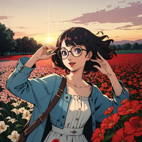 A woman in a vintage-inspired floral dress, her hair styled in loose waves, with a confident and radiant expression, open field, flower field, bloom, sunset, smile, glasses,
masterpiece, best quality, leaning to the side,